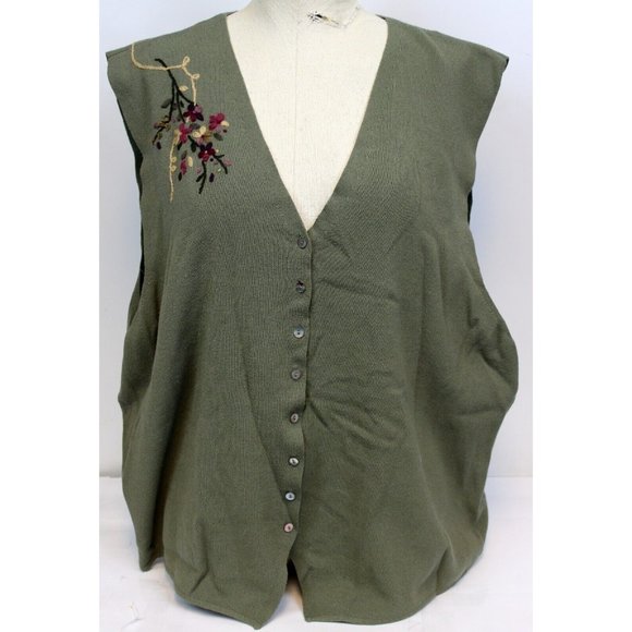 Koret Sweater Knit Vest sz 2X Green Embroidered Flower Bouquet Cottage Core - Picture 1 of 8